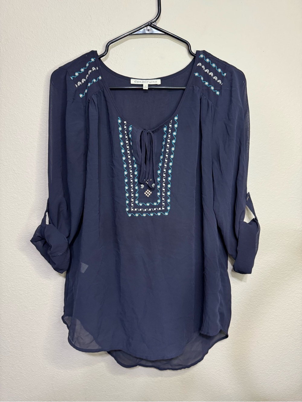 Daniel Rainn Navy Peasant Blouse with Turquoise Embroidery
